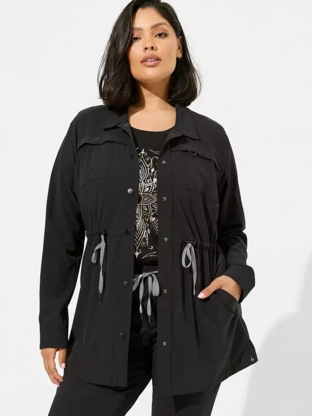 Torrid Happy Camper Stretch Woven Anorak Jacket NWT Black Utility Cinch Waist